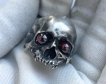 Sterling Silver Skull Ring: Movable Jaw, Garnet Red Eyes, Gothic Biker Ring