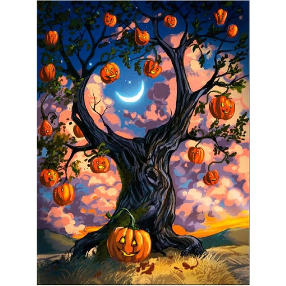 Diamond Halloween Painting Tree And Pumpkin Design Round Square Drill Embroidery