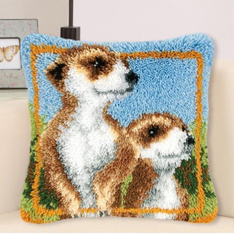 Two Groundhogs DIY Latch Hook Pillow Cross Stitch Kit Size Etsy