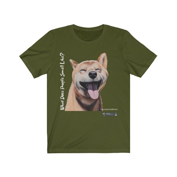 What Does Purple Smell Like Smiling Shiba Inu Funny Stoner Unisex Jersey Short Sleeve Tee