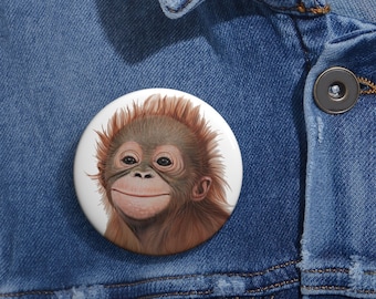 Smiling Orangutan Pin Button, Cute Animal Badge