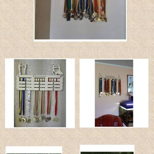 May include: Four wooden medal display racks with personalized names. Each rack features a silhouette of a person engaged in a sport. The racks are designed to hold medals and ribbons.