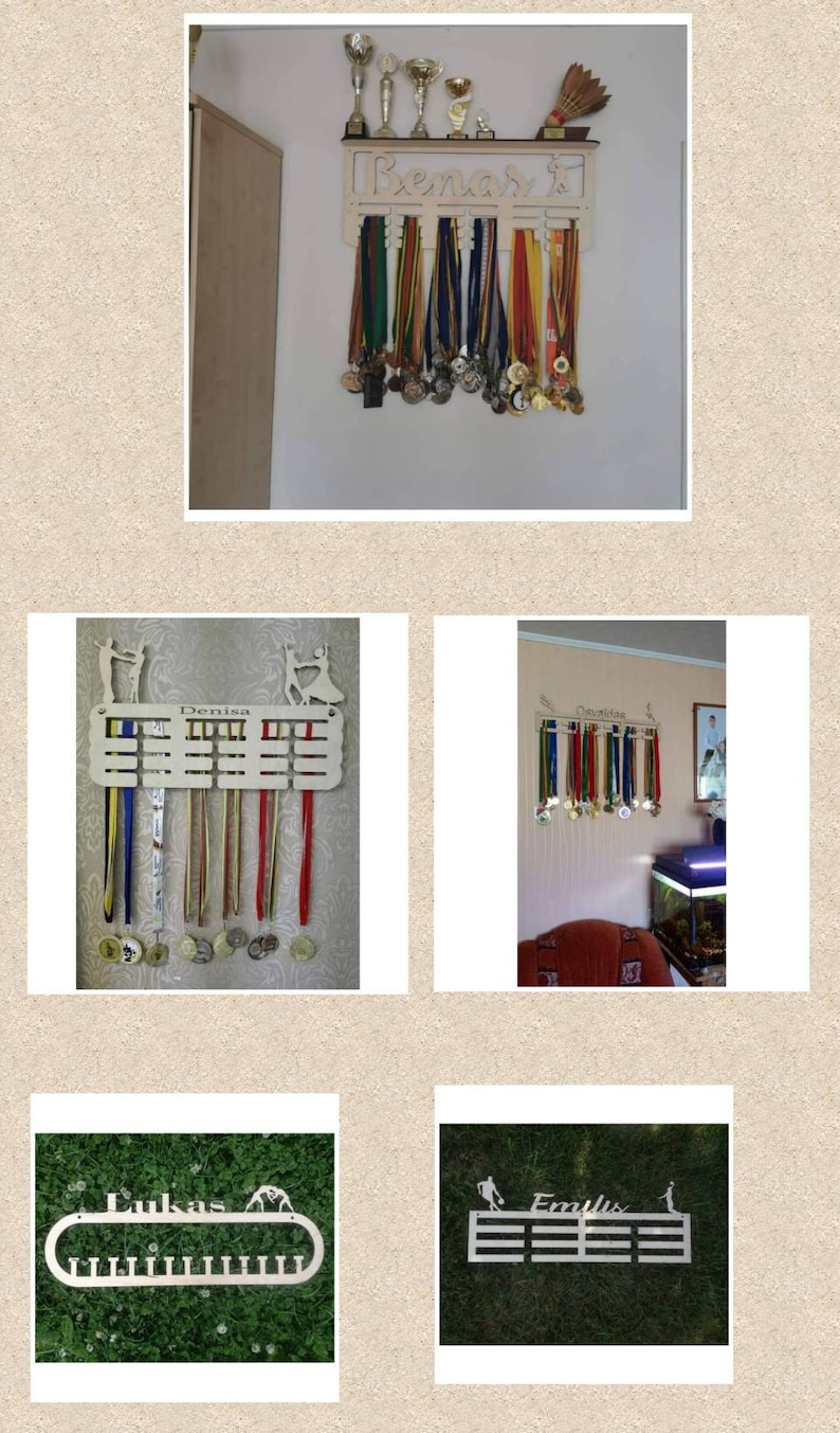 May include: Four wooden medal display racks with personalized names. Each rack features a silhouette of a person engaged in a sport. The racks are designed to hold medals and ribbons.