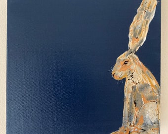 Metallic Copper, Gold and Navy Blue Hare Fine Art Painting on Canvas by Kerry Broad, Painted in Acrylics with Palette knife, Ready to hang