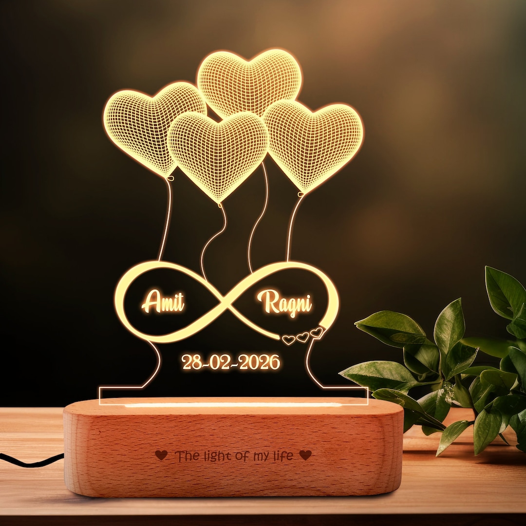 Personalized 3D Heart Lamp: Engraved Names, Acrylic LED Light - Etsy