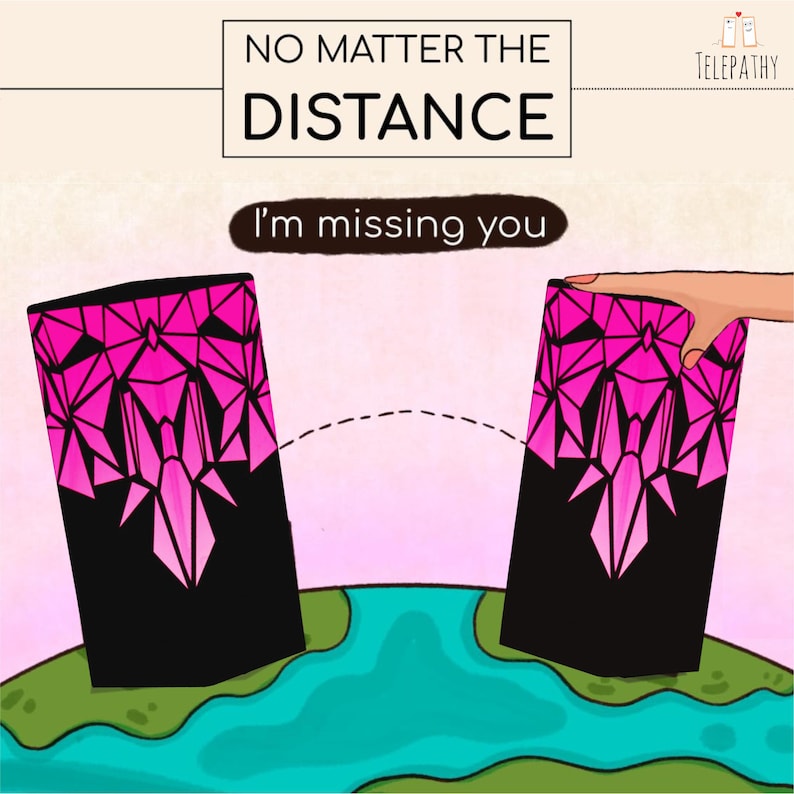 May include: A pink and black geometric design is split in half, with each half on a separate globe. The text "NO MATTER THE DISTANCE" and "I'm missing you" is above the globes. The word "TELEPATHY" is in the upper right corner.