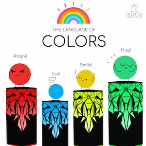 May include: The Language of Colors graphic with a rainbow, a red circle with an angry face, a blue circle with a sad face, a yellow circle with a smiling face, and a green circle with a closed-eye face. Each circle is on top of a black speaker with a geometric design in the color of the circle.