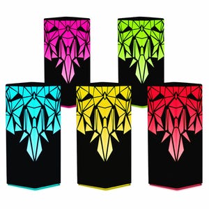 May include: Five geometric lamps with black bases and colorful geometric designs. The lamps are lit and glow in shades of pink, green, blue, yellow, and red.