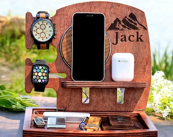 Estación de acoplamiento de madera personalizada: organizador de teléfono, reloj y accesorios