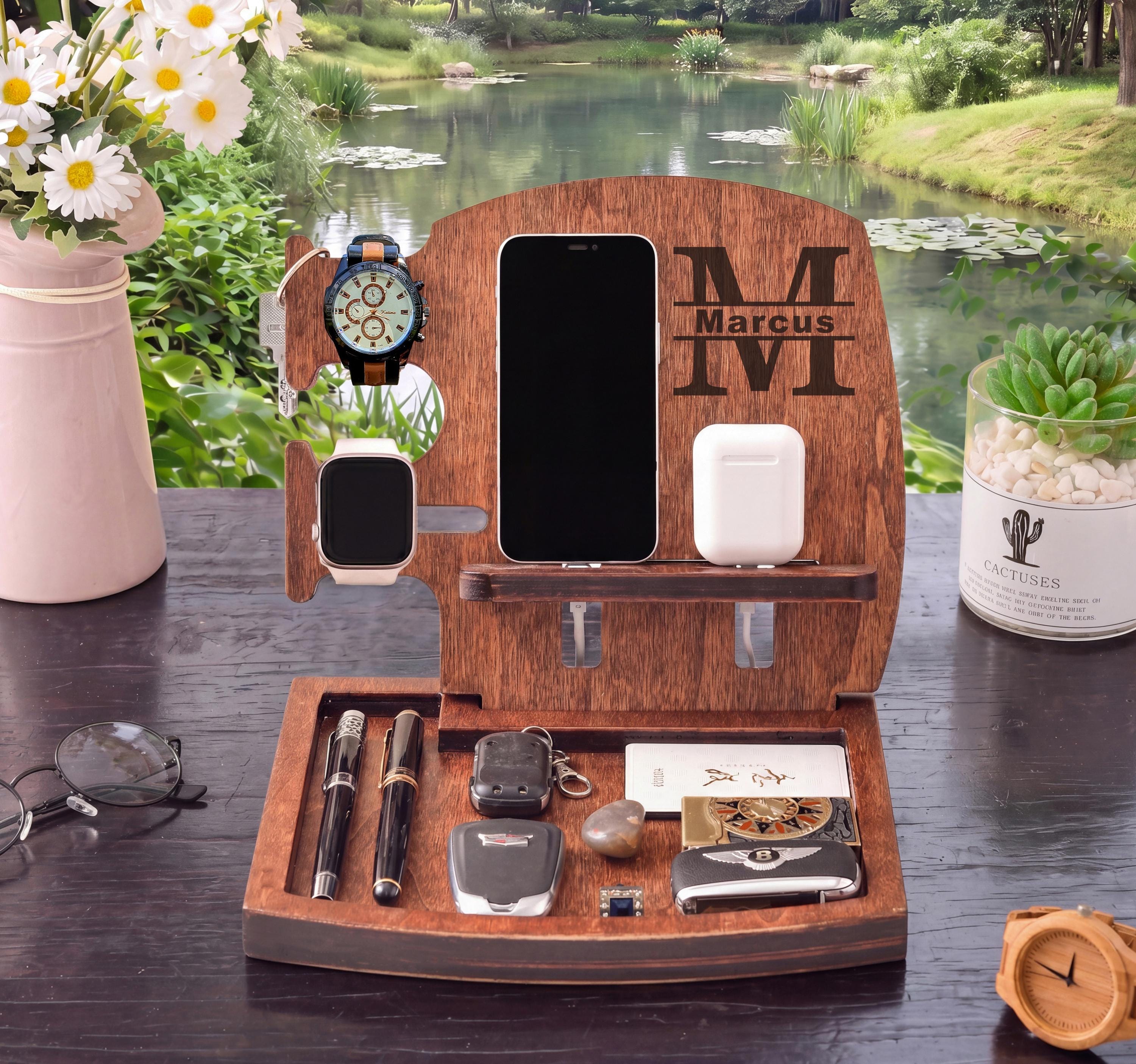Mens Wood Valet Box, Wooden, Docking Station, Mens Valet Stand, Unique holiday gift, Mens Wood Valet Tray, Charging Dock, gifts for men