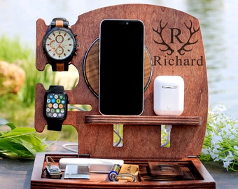 Personalized Wood Docking Station: Wireless Charger, Watch Stand