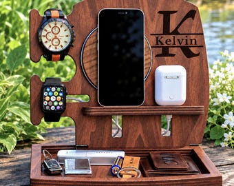 Personalized Wooden Docking Station with Wireless Charger: Desk Organizer