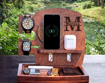 Personalized Wood Docking Station with Wireless Charger: Desk Organizer