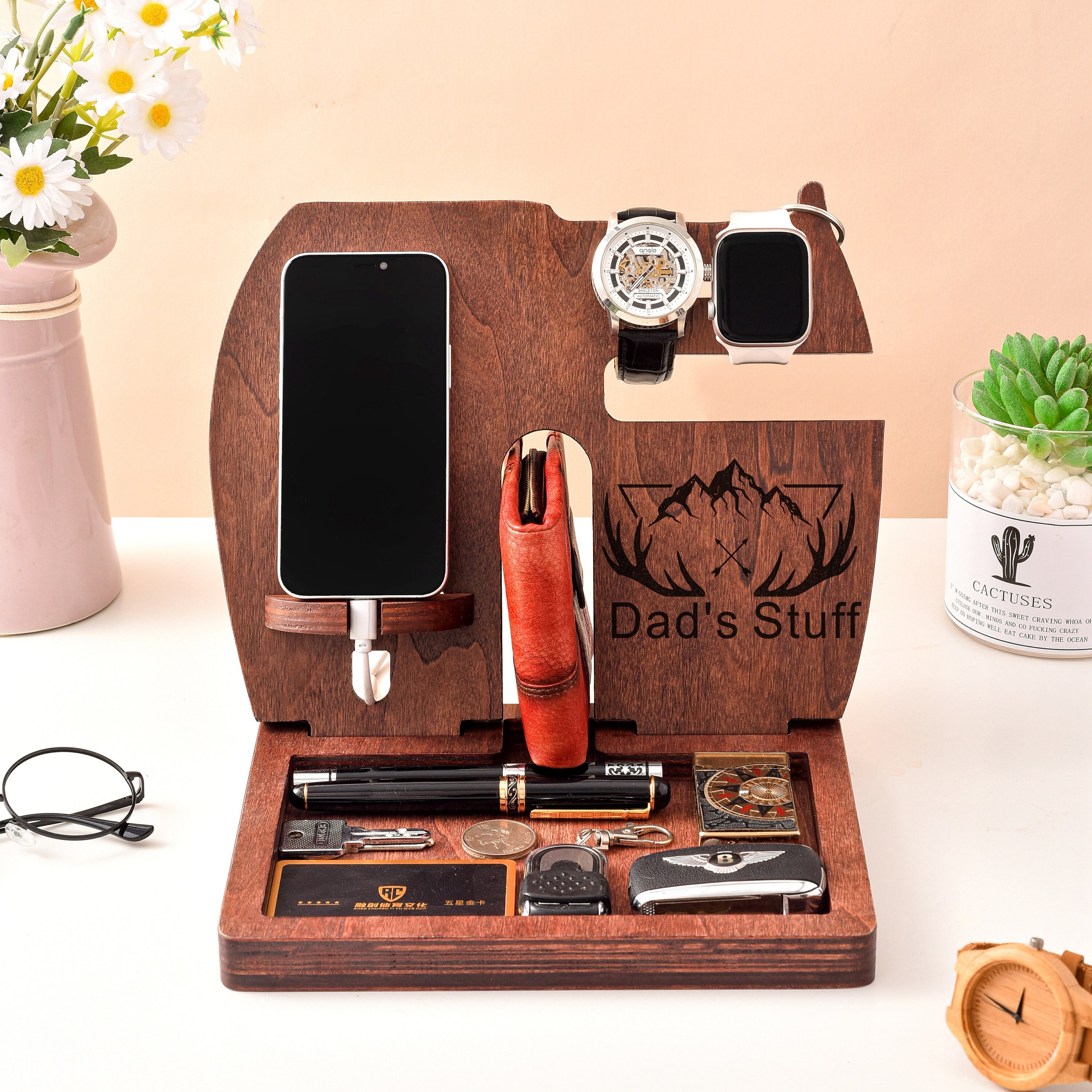 Docking Station in legno personalizzato per smartphone Supporto portafoglio Idea regalo da uomo da moglie a marito Laurea Natale Compleanno Supporto