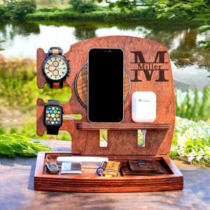 Wooden Docking Station with Wireless Charger, apple watch charging station, Glasses Holder, Nightstand Valet, Desk Organizer, New Job Gift