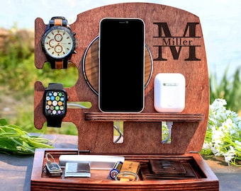 Wooden Docking Station with Wireless Charger, apple watch charging station, Glasses Holder, Nightstand Valet, Desk Organizer, New Job Gift