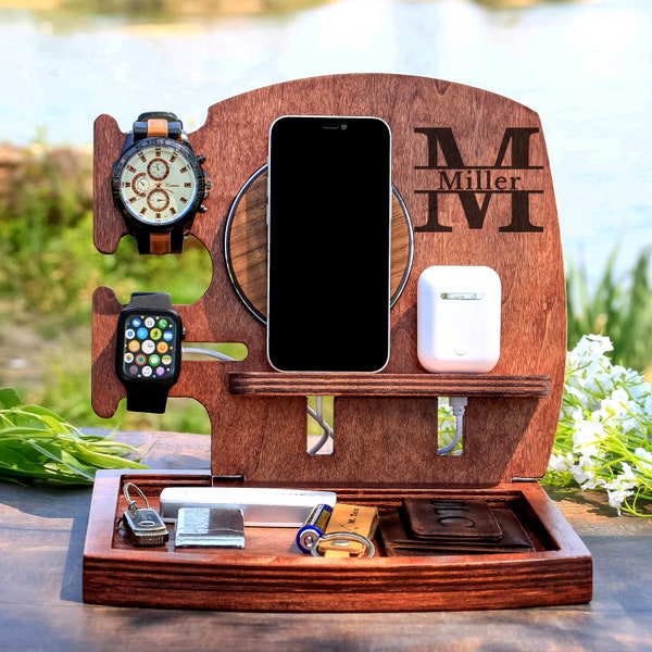 Wooden Docking Station with Wireless Charger, apple watch charging station, Glasses Holder, Nightstand Valet, Desk Organizer, New Job Gift