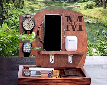 Personalized Wooden Docking Station with Wireless Charger: Desk Organizer