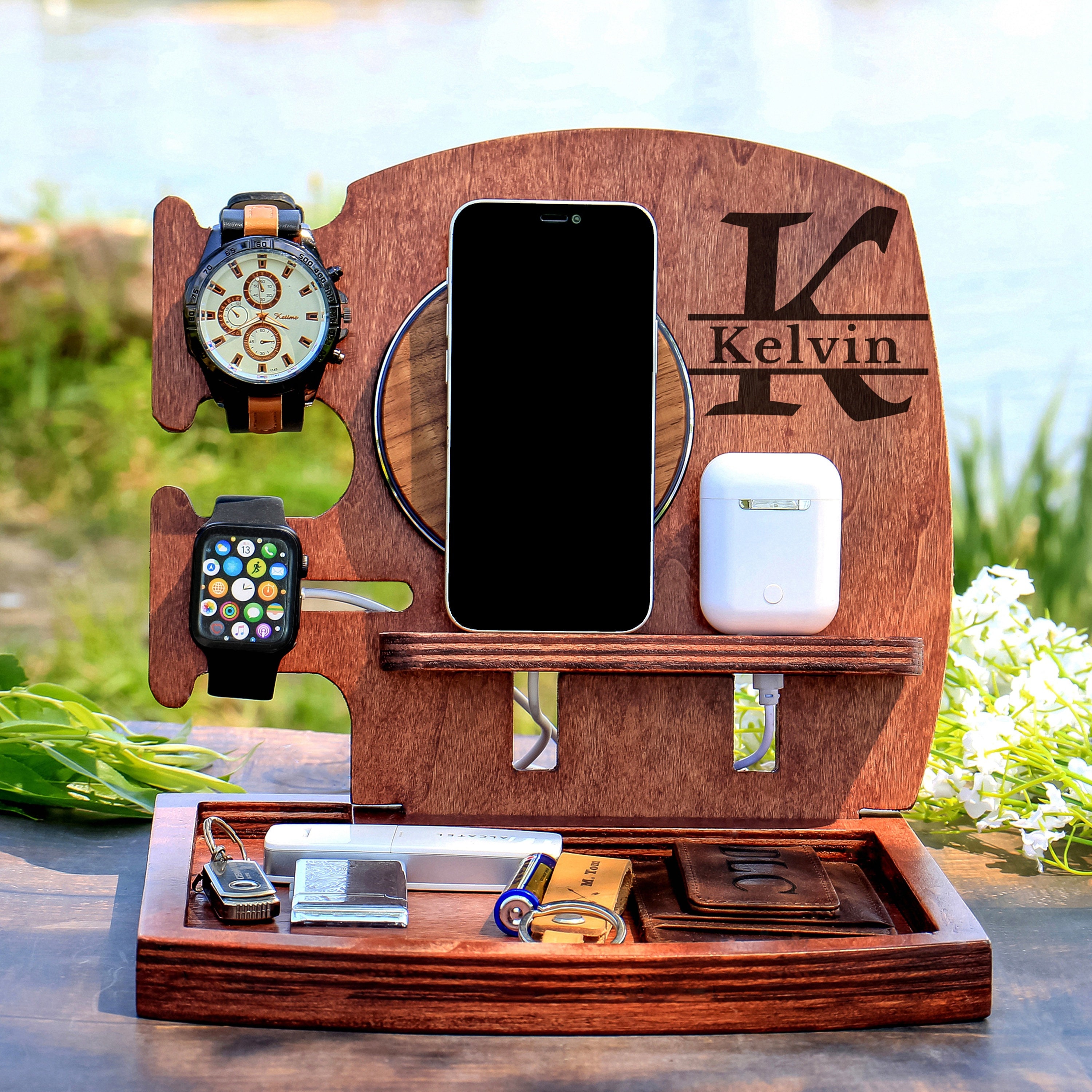  Wood Phone Docking Station Key Holder Nightstand Organizer,  Wife Anniversary Husband Presents for Mens Christmas Graduation Birthday Boyfriend  Gifts Ideas Fathers Day Dad Cool Gadgets for Him (Black) : Cell Phones