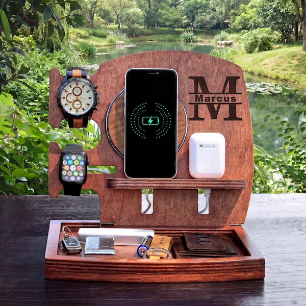 Personalized Wood Docking Station with Wireless Charger: Men's Desk Organizer