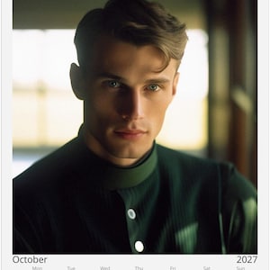 May include: A 2027 wall calendar page for October featuring a portrait of a person with short brown hair and blue eyes, wearing a dark green high-neck shirt with white buttons. The calendar grid displays the days of the month from Monday to Sunday.