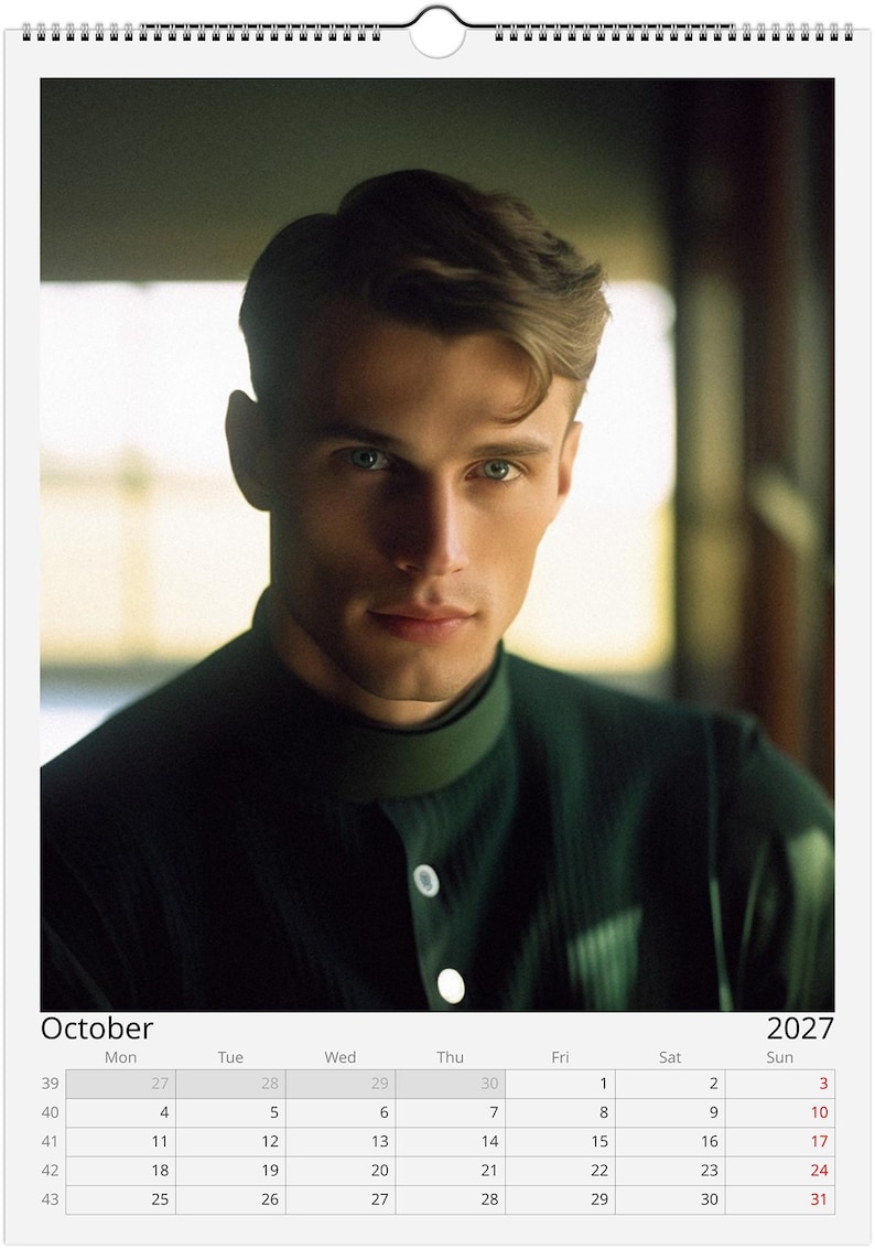 May include: A 2027 wall calendar page for October featuring a portrait of a person with short brown hair and blue eyes, wearing a dark green high-neck shirt with white buttons. The calendar grid displays the days of the month from Monday to Sunday.