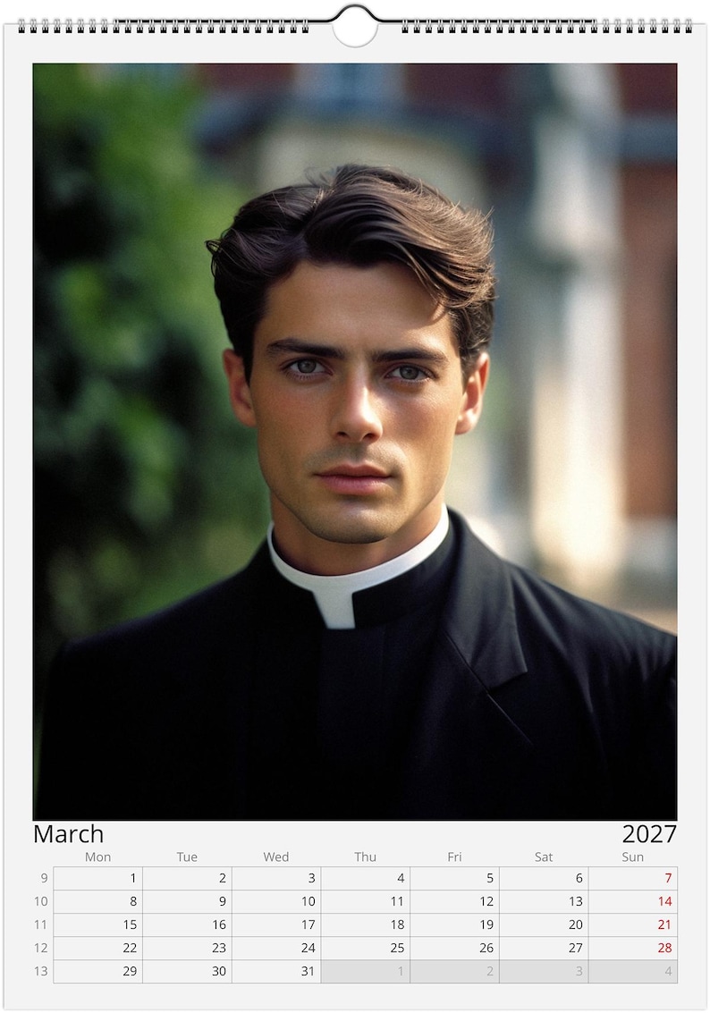 May include: A wall calendar for March 2027 featuring a portrait of a person with dark hair wearing a black clerical shirt with a white tab collar. The calendar grid displays the days of the month from Monday through Sunday with dates clearly listed.