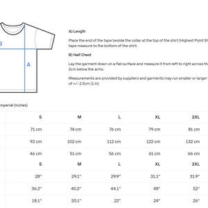 May include: A white t-shirt diagram with measurement labels and a size guide. The guide includes measurements in inches and centimeters for length, width, and half chest, ranging from size S to 3XL.