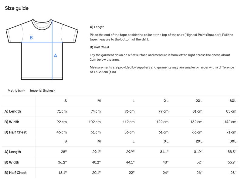 May include: A white t-shirt diagram with measurement labels and a size guide. The guide includes measurements in inches and centimeters for length, width, and half chest, ranging from size S to 3XL.