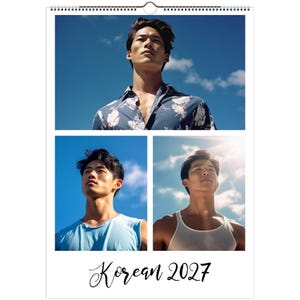 May include: A wall calendar titled Korean 2027 featuring three distinct photographic portraits of a person against a bright blue sky. The top image shows a floral print shirt, while the bottom images display a light blue tank top and a white tank top.