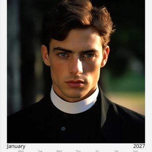 May include: A 2027 wall calendar for the month of January featuring a portrait of a person with dark wavy hair and blue eyes, wearing a black shirt with a white clerical collar. The calendar grid displays the days of the week and dates.