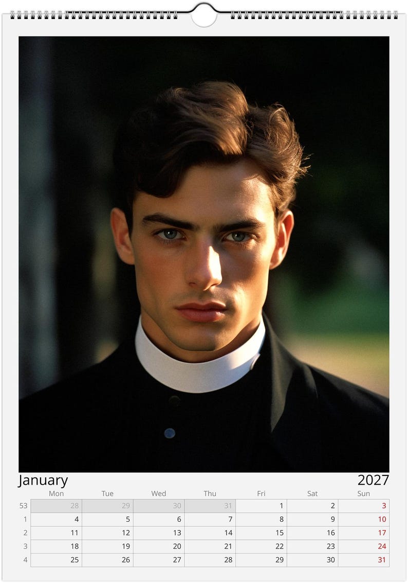 May include: A 2027 wall calendar for the month of January featuring a portrait of a person with dark wavy hair and blue eyes, wearing a black shirt with a white clerical collar. The calendar grid displays the days of the week and dates.