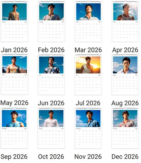 2026年 ハンサムな韓国人男性 壁掛けカレンダー | サイズ A3、元帳