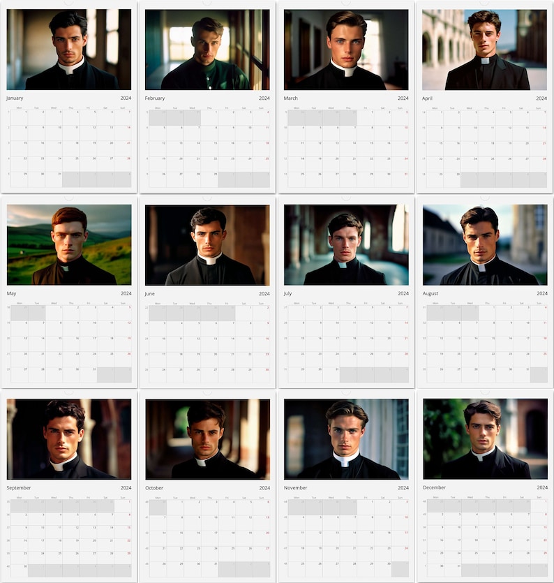 Calendario Romano Wall Calendar 2024 Hot Priest Calendar Gift Idea Gift for Her Birthday Gift Christmas Gift Gay Man Gift A3 image 2