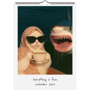 May include: A 2027 wall calendar featuring a white cat wearing a floral headscarf and black sunglasses while holding a teacup, positioned next to a shark with an open mouth. The bottom of the calendar displays the text Everything is fine calendar 2027.