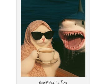 May include: A 2027 wall calendar featuring a white cat wearing a floral headscarf and black sunglasses while holding a teacup, positioned next to a shark with an open mouth. The bottom of the calendar displays the text Everything is fine calendar 2027.