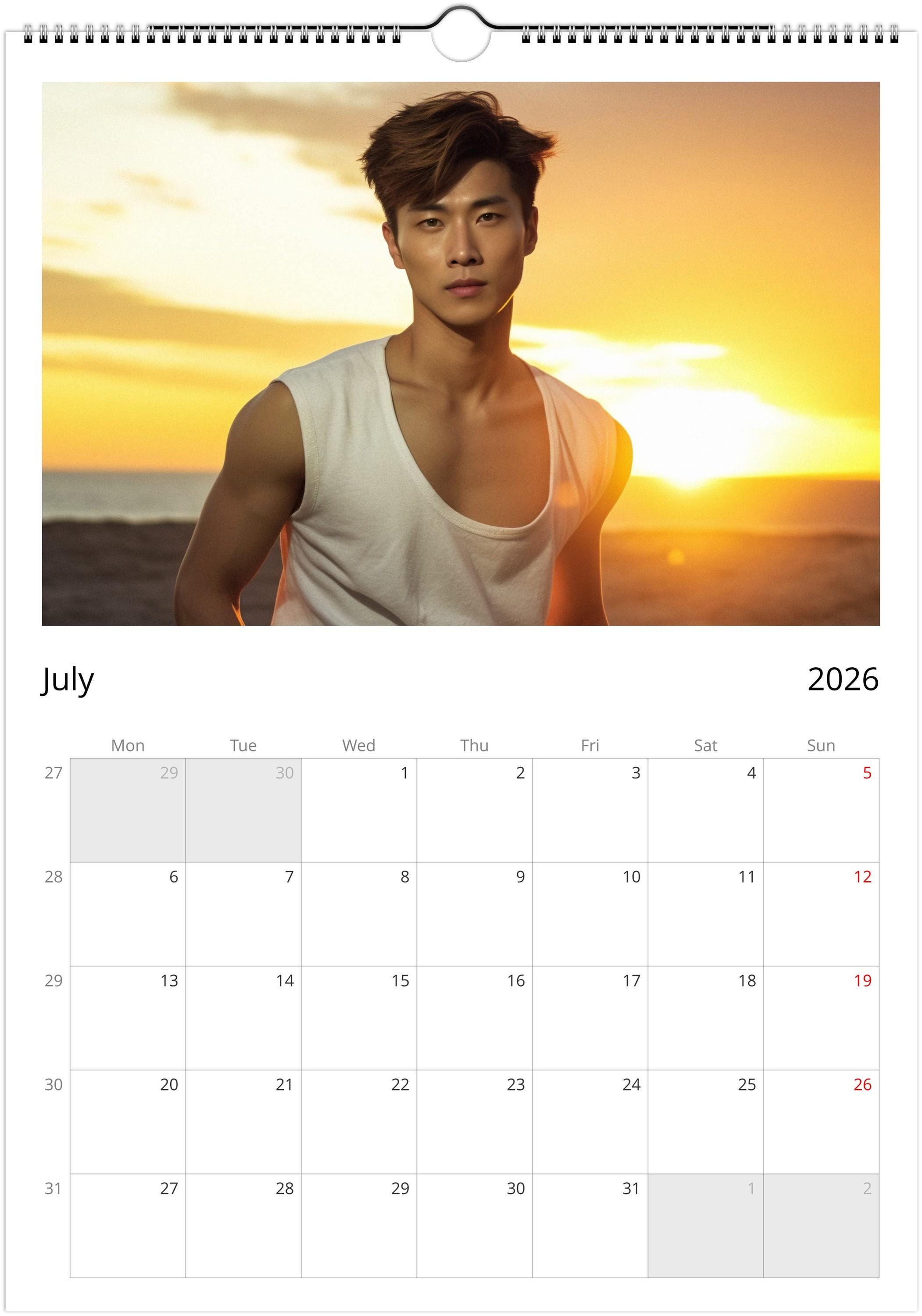 2026年 ハンサムな韓国人男性 壁掛けカレンダー | サイズ A3、元帳