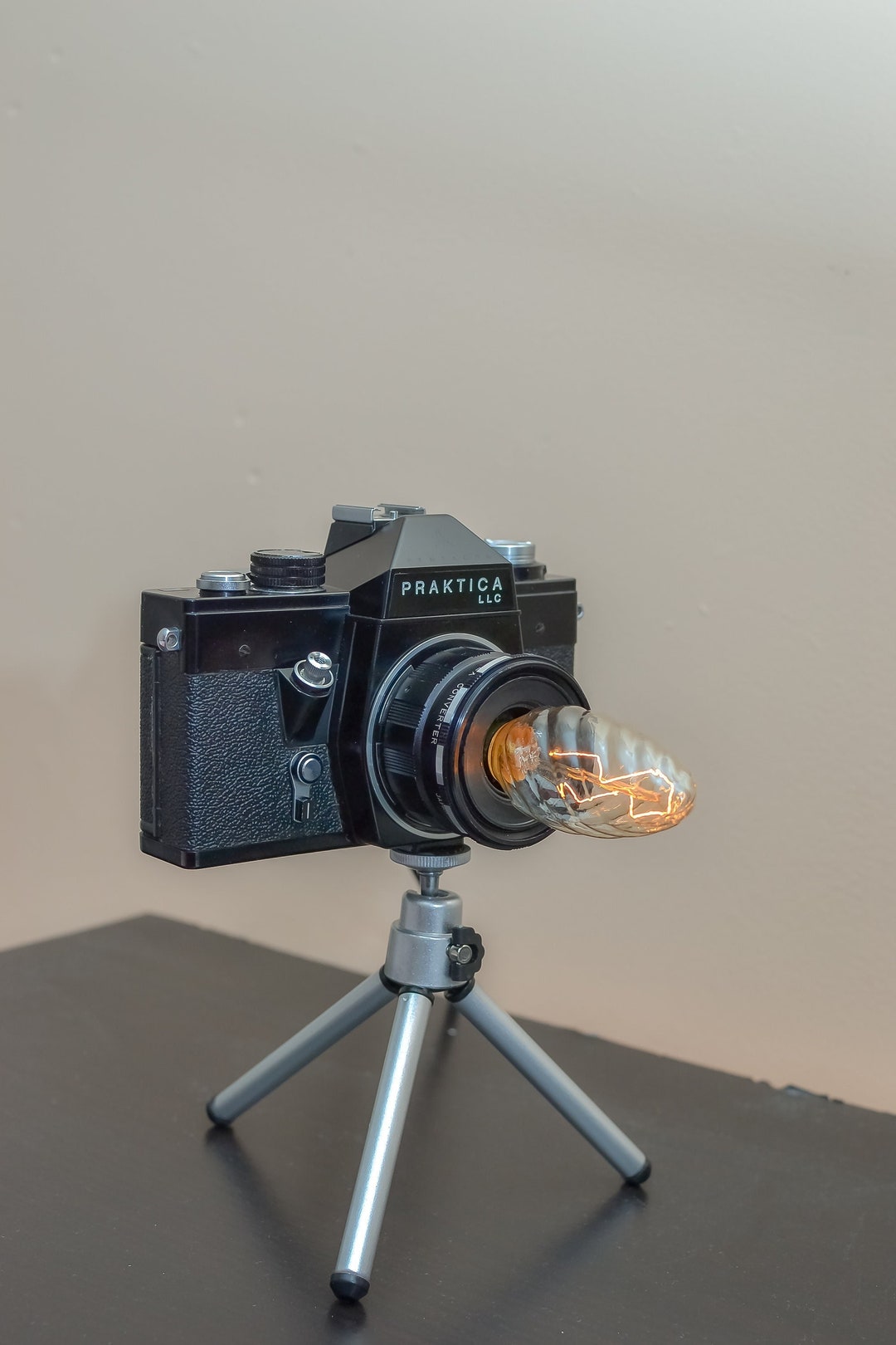 Praktica Camera Lamp: Retro Desk Lamp With Tripod & Edison Bulb - Etsy