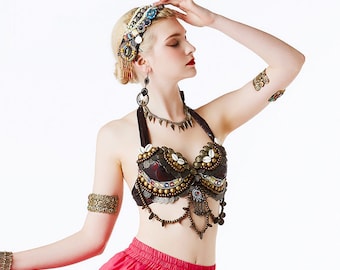 1 Pcs Handmade Solid Bra Dina Professional Belly Dance Dancing skin color egypt