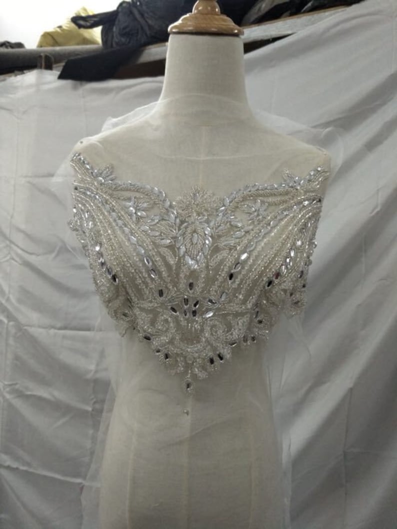 Beautiful bead jewelry Bridal Crystal Beaded Bodice for Sewing on Wedding Dress Neckline Rhinestone Patch Applique Bodice Applique Trimming