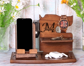 nachtkastje valet, telefoon stand, Iphone stand, dock station, Mens Wood Valet Box, Mens Wood Valet Tray, Mens Valet Stand, Charging Dock,