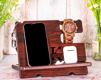 Organiseur en bois, station d'accueil, cadeau d'anniversaire pour homme, organisateur de table de chevet, porte-lunettes, station d'accueil, support pour téléphone en bois, cadeau mari