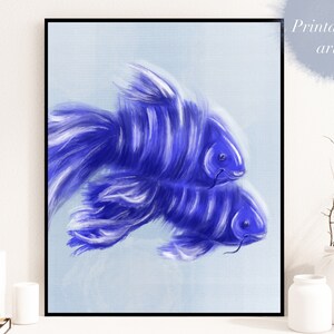 Printable wall art blue fish, modern ocean art