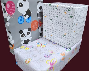 eVincE 3 designs 30 Gift Wrapping Paper Sheet | 70 x 50 cm crease free fine quality | Butterfly, Panda, Word Search wraps for all occasions