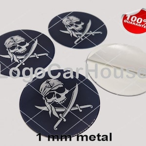 May include: Navy blue, oval metal stickers featuring a white pirate skull and crossed swords design. The stickers are 1 mm thick. A red and white "100% Guarantee" sticker is also visible.