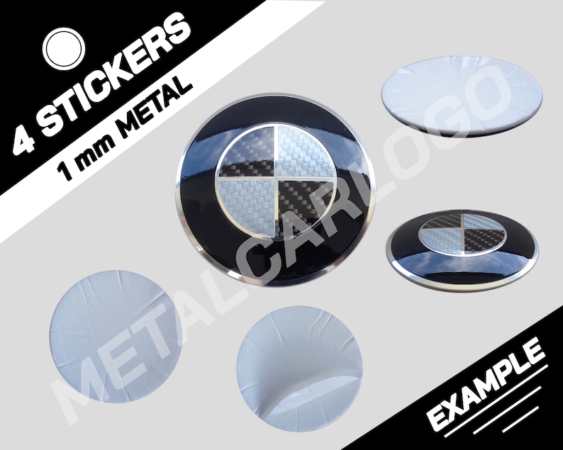 May include: Four 1 mm thick metal stickers featuring a black and white carbon fiber BMW logo. The stickers are shown on a white background with the text "4 STICKERS 1 mm METAL" in black.