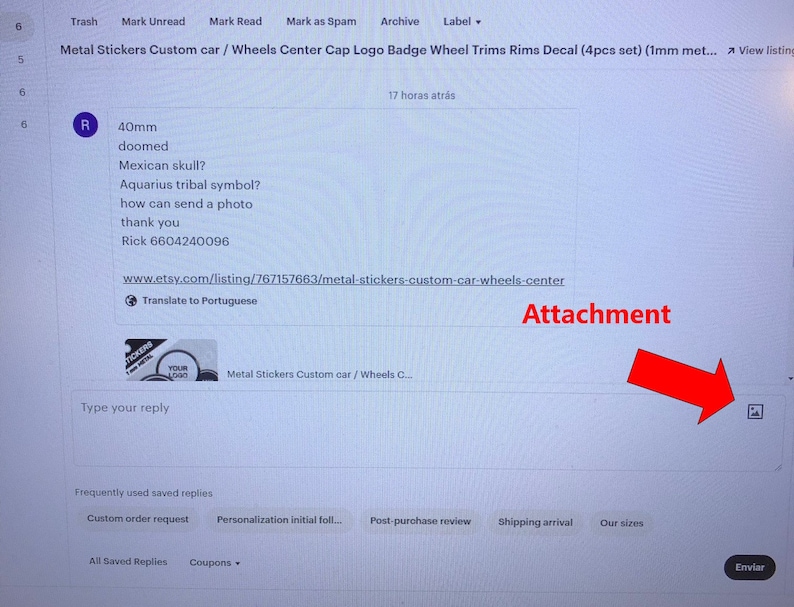 May include: A screenshot of an Etsy listing for custom metal car stickers. The listing shows a preview of the stickers, which feature a logo and the text "Your Logo". The listing also includes a description of the stickers, which are available in a variety of sizes and colors. The listing is in English and includes a button to translate the listing to Portuguese.