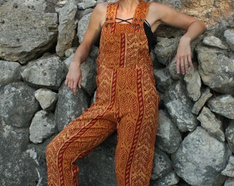 Red ARUNA jumpsuit with yellow natural details, unisex dungarees, unisex jumpsuit, ready-made jumpsuit, blockprint dungarees, dungarees, casual jumpsuit