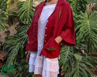 Linen jacket with Red embroidery, casual jacket, boho jacket, hippie jacket, boho linen, embroidered linen, hippie linen, embroidered jacket
