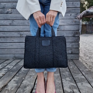 Handmade Black Raffia Bag: Boho Summer Shoulder Tote